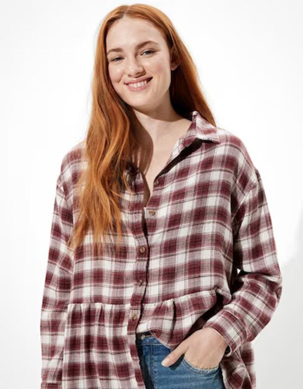 American Eagle Ahh-Mazingly Soft Plaid Flannel Babydoll Top in Burgundy Medium
